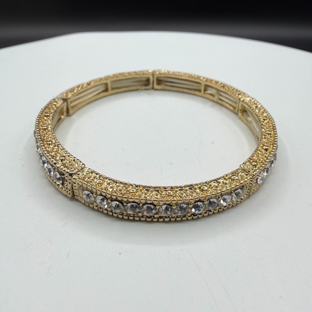 Gold Tone Clear Rhinestone Stretch Bangle Bracelet Statement Glam Gift for Her